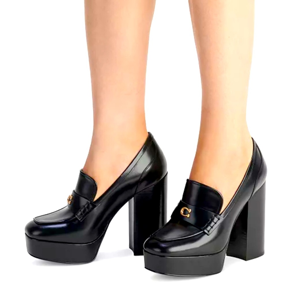Coach Ilyse 120mm Black Leather Platform Loafers Sz 9B